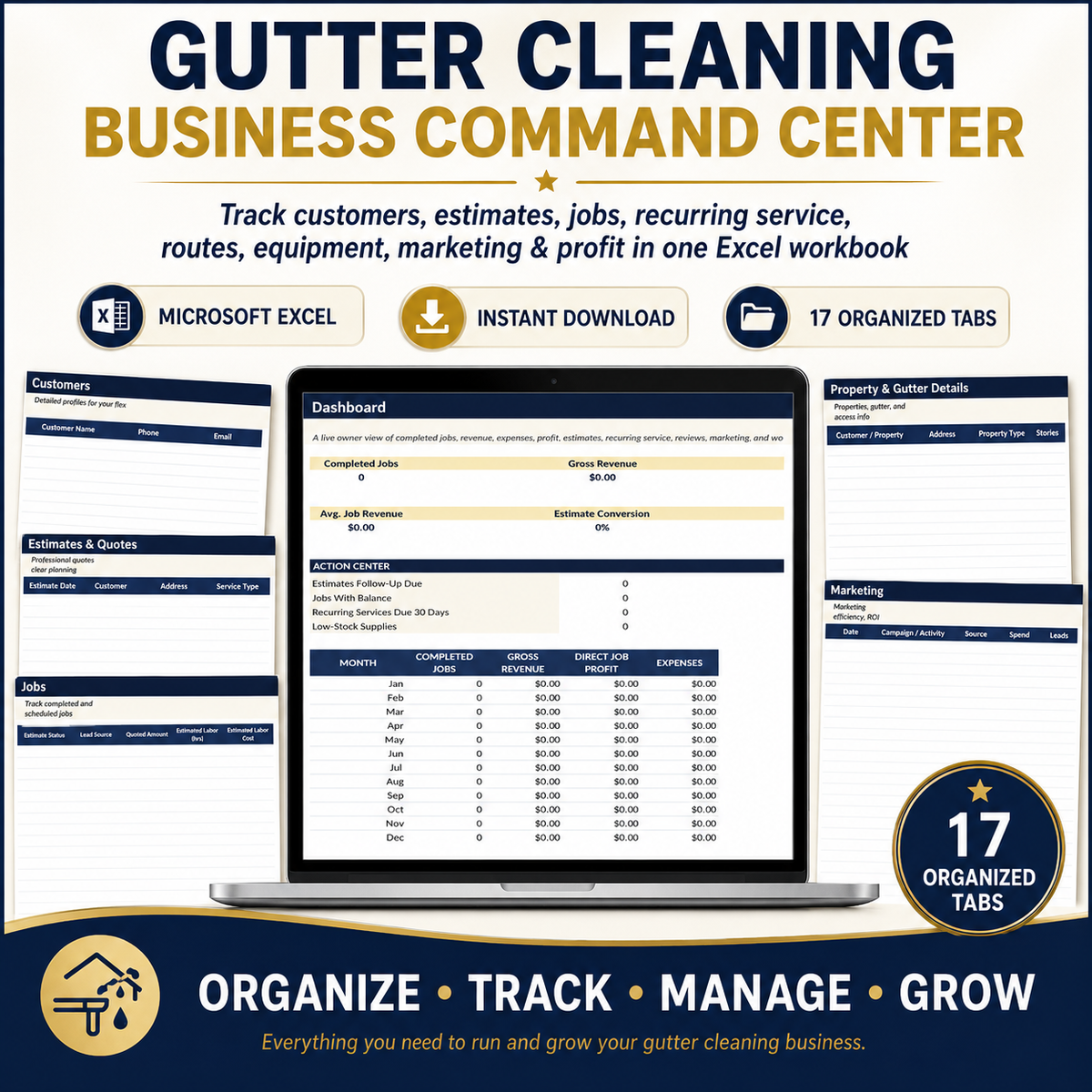 Gutter Cleaning Business Command Center | Excel Business Spreadsheet