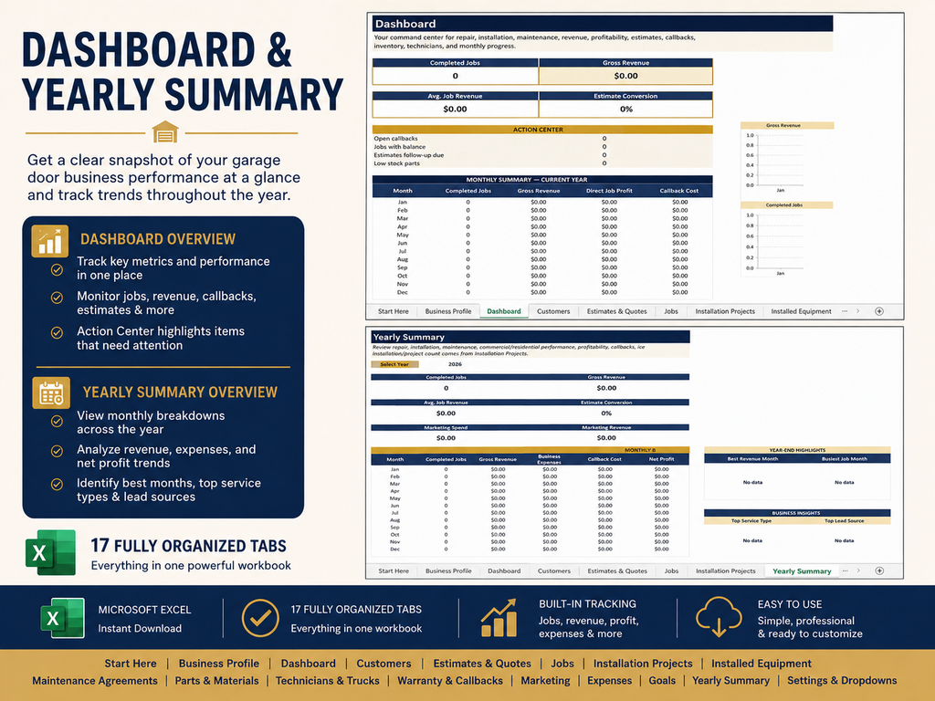 Garage Door Business Command Center | Excel Business Spreadsheet