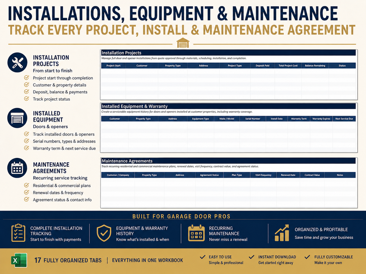 Garage Door Business Command Center | Excel Business Spreadsheet
