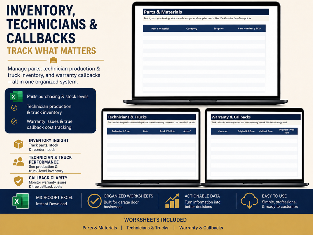 Garage Door Business Command Center | Excel Business Spreadsheet