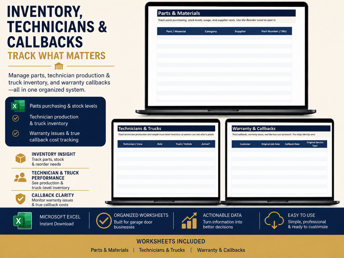 Garage Door Business Command Center | Excel Business Spreadsheet