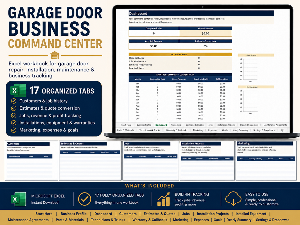 Garage Door Business Command Center | Excel Business Spreadsheet