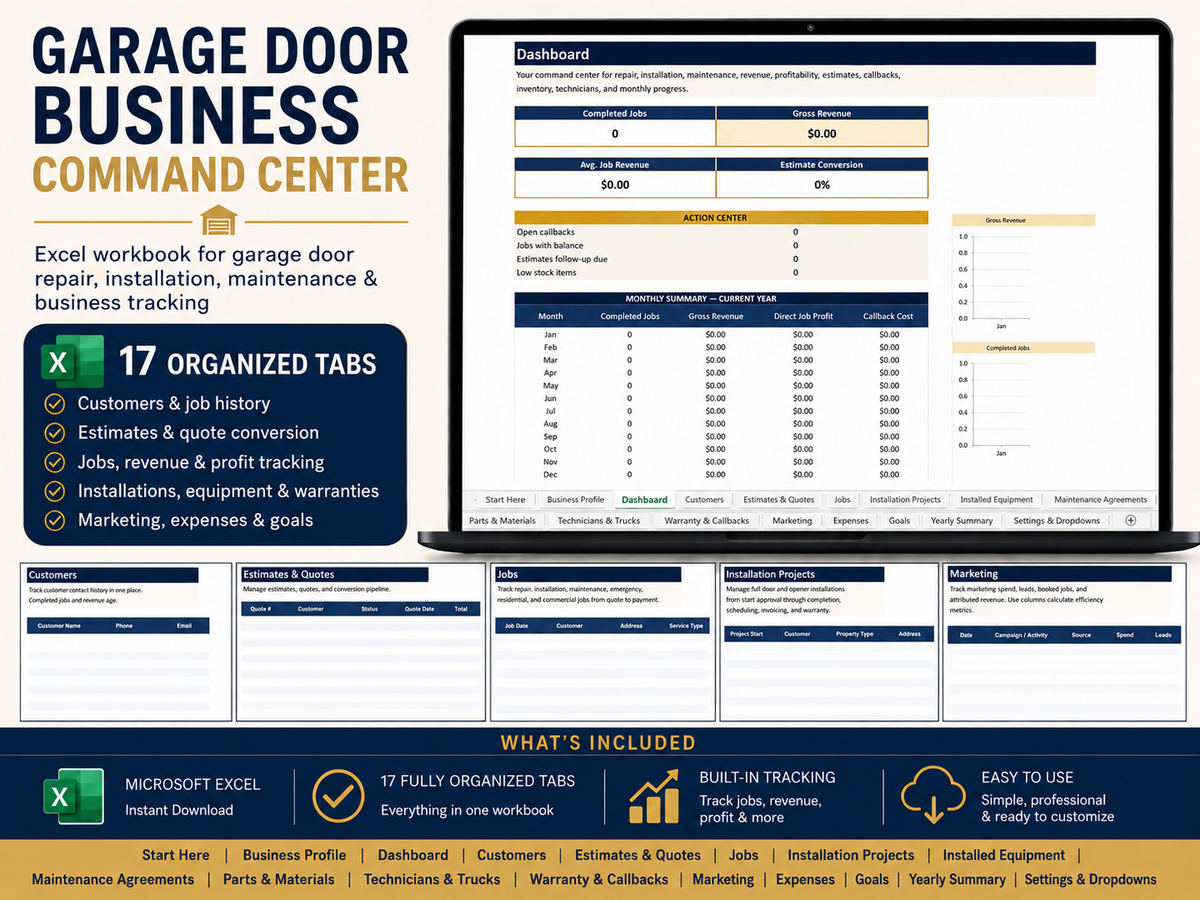 Garage Door Business Command Center | Excel Business Spreadsheet