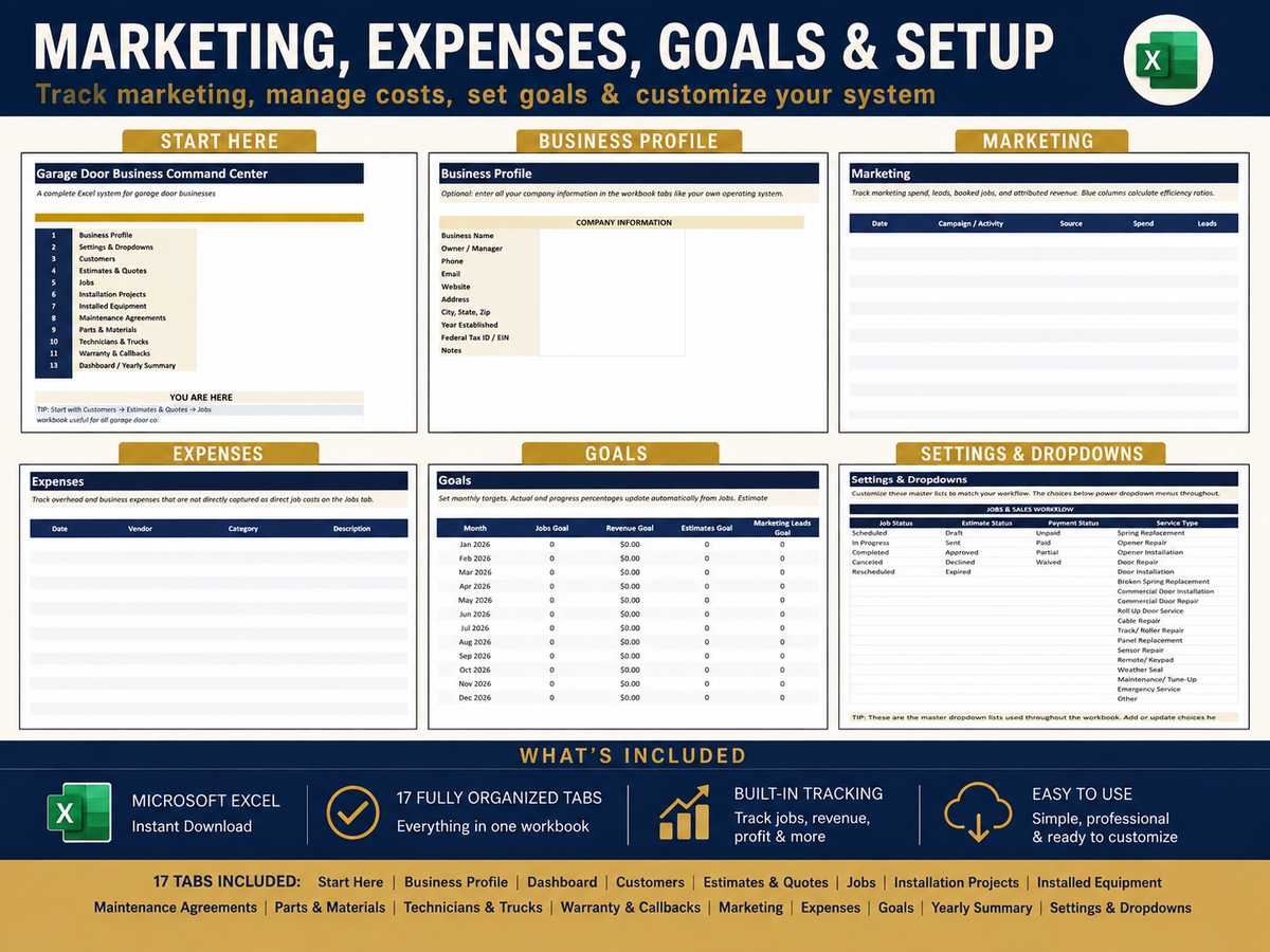 Garage Door Business Command Center | Excel Business Spreadsheet